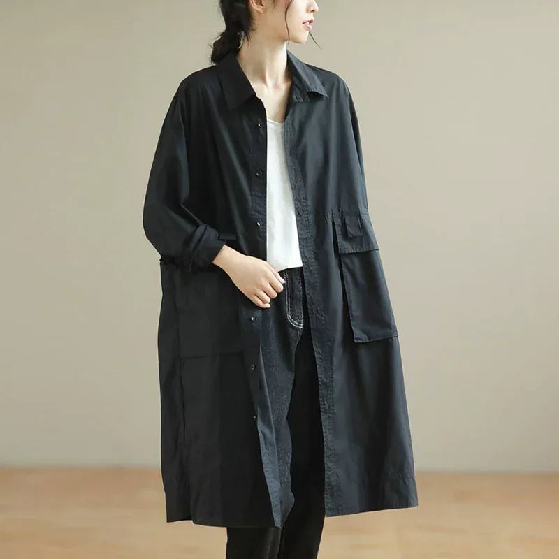 Retro Cotton Shirt Collar Midi Coat with Patch Pockets