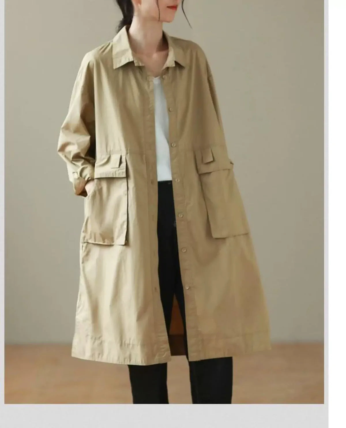 Retro Cotton Shirt Collar Midi Coat with Patch Pockets