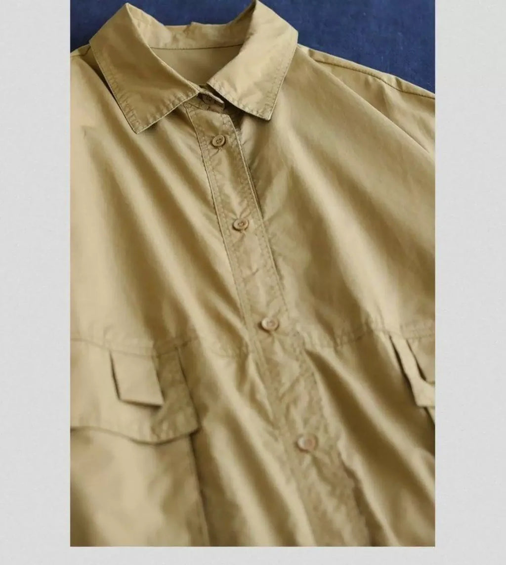 Retro Cotton Shirt Collar Midi Coat with Patch Pockets