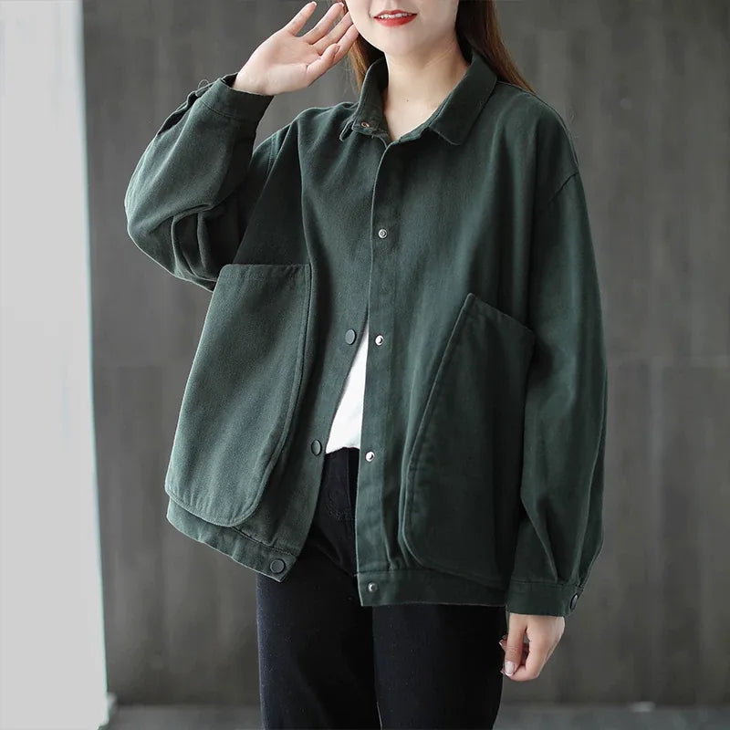 Retro Cotton Utility Jacket with Large Patch Pockets