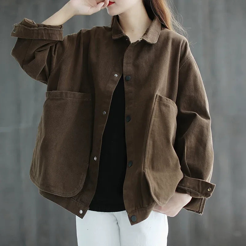 Retro Cotton Utility Jacket with Large Patch Pockets