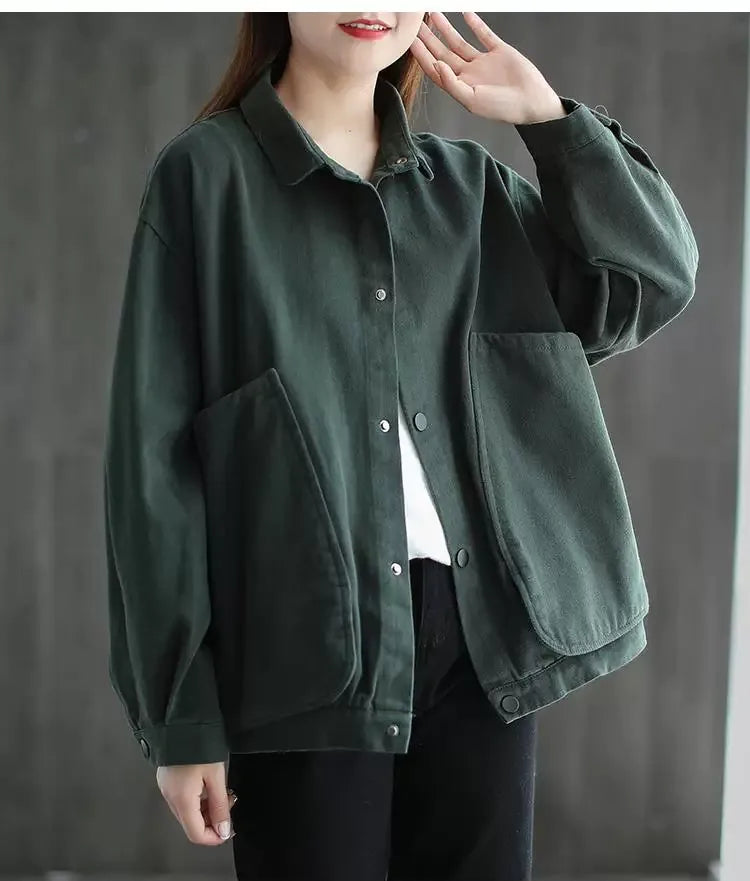 Retro Cotton Utility Jacket with Large Patch Pockets