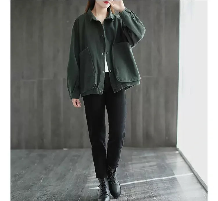 Retro Cotton Utility Jacket with Large Patch Pockets