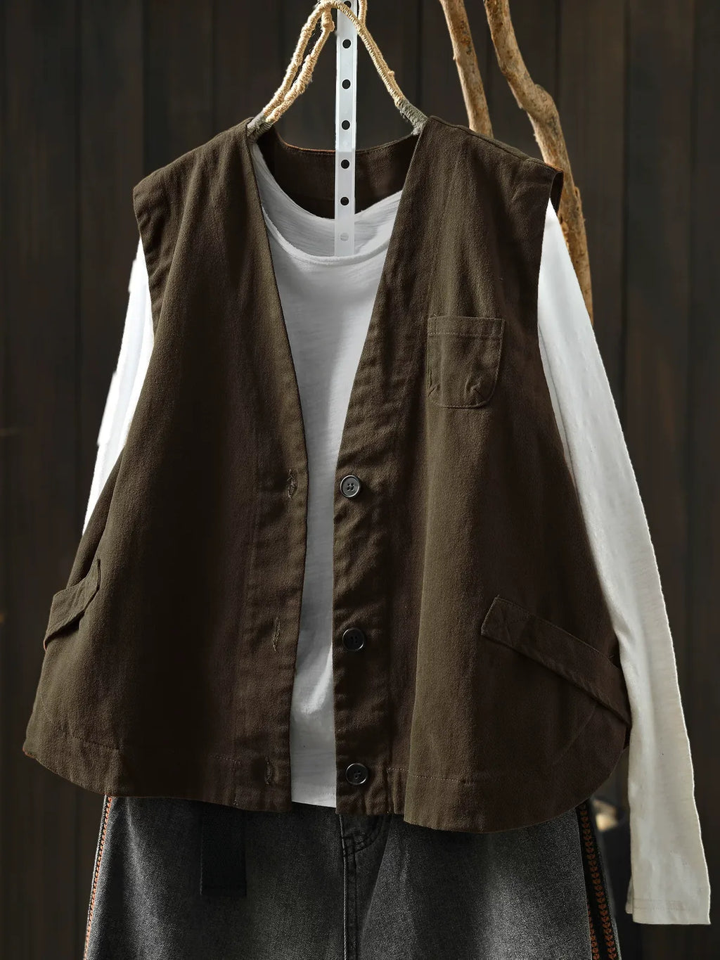 Retro Cotton V-Neck Button Front Sleeveless Vest