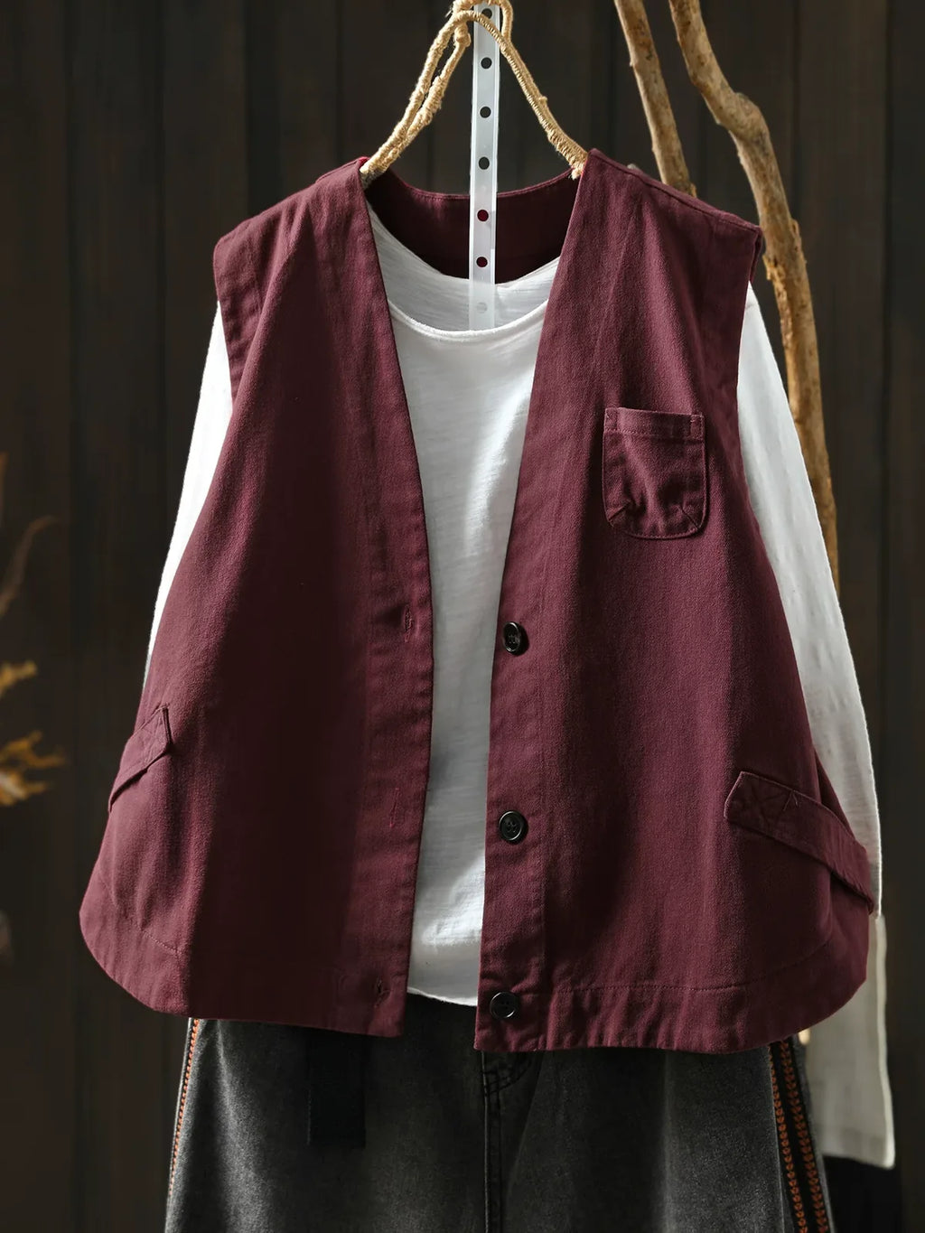 Retro Cotton V-Neck Button Front Sleeveless Vest