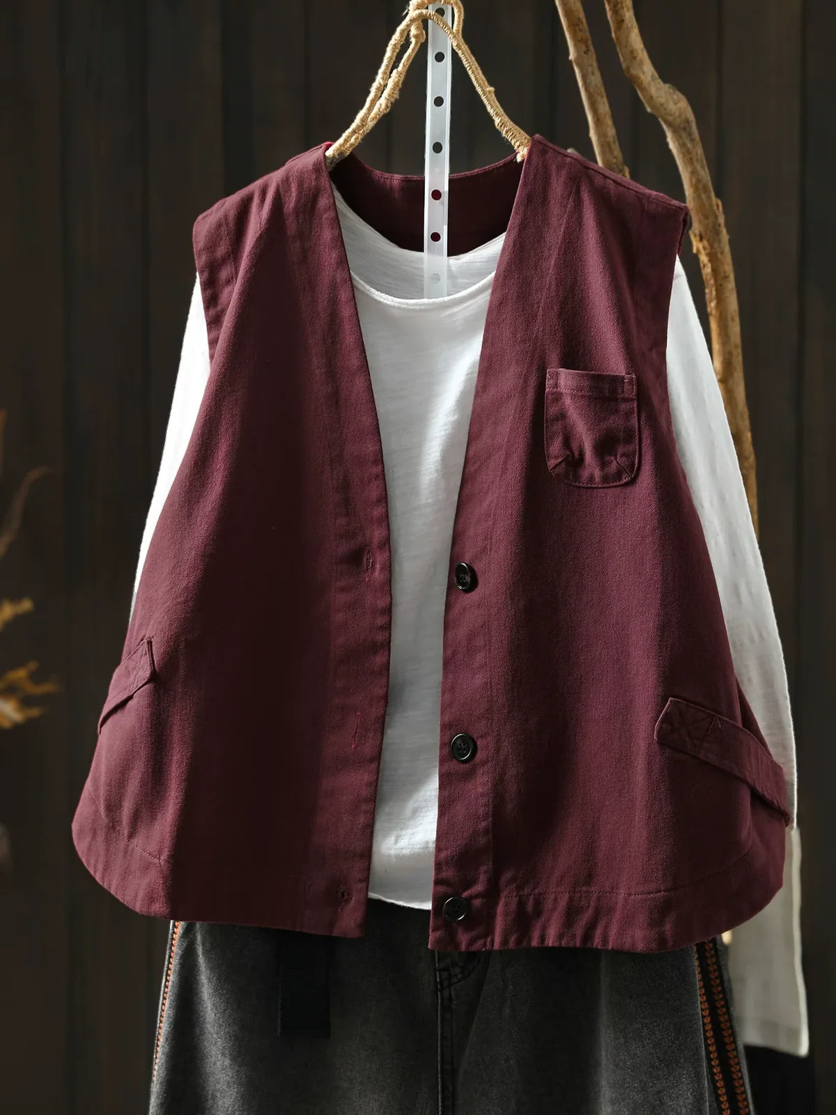 Retro Cotton V-Neck Button Front Sleeveless Vest