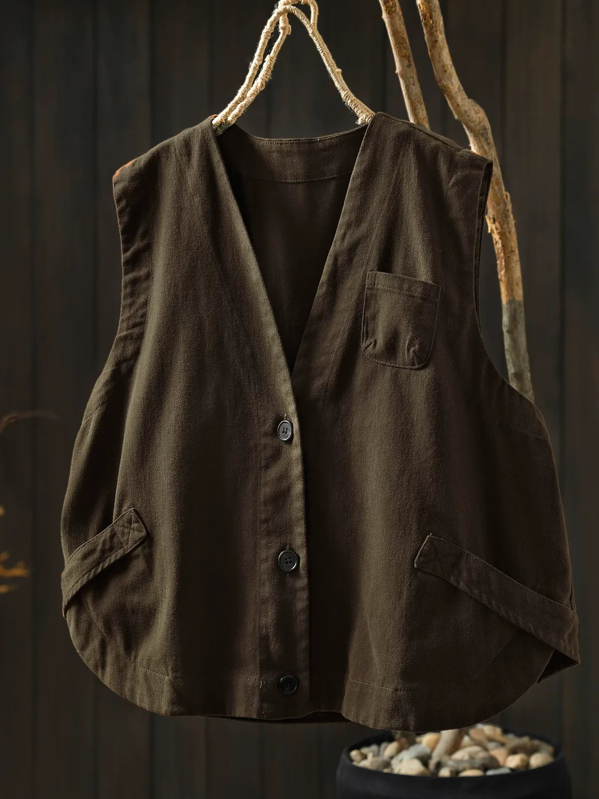 Retro Cotton V-Neck Button Front Sleeveless Vest