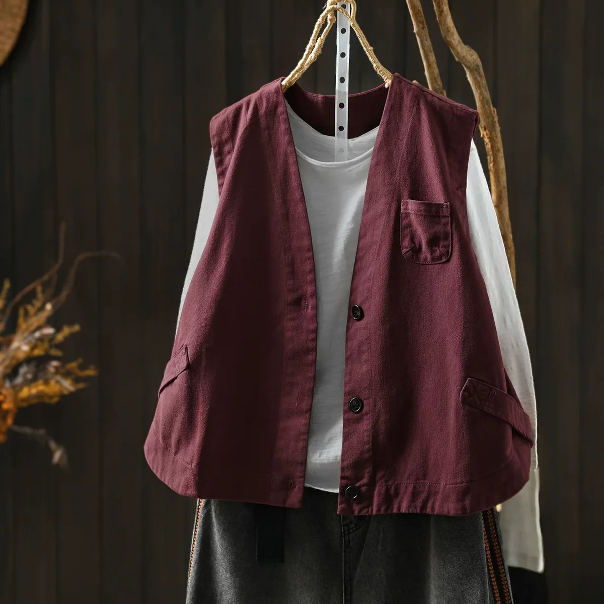 Retro Cotton V-Neck Button Front Sleeveless Vest