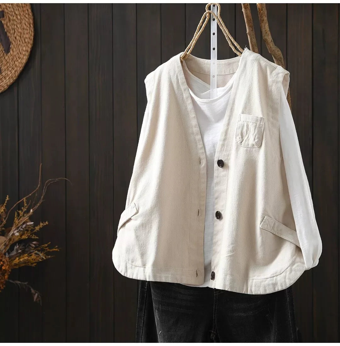 Retro Cotton V-Neck Button Front Sleeveless Vest