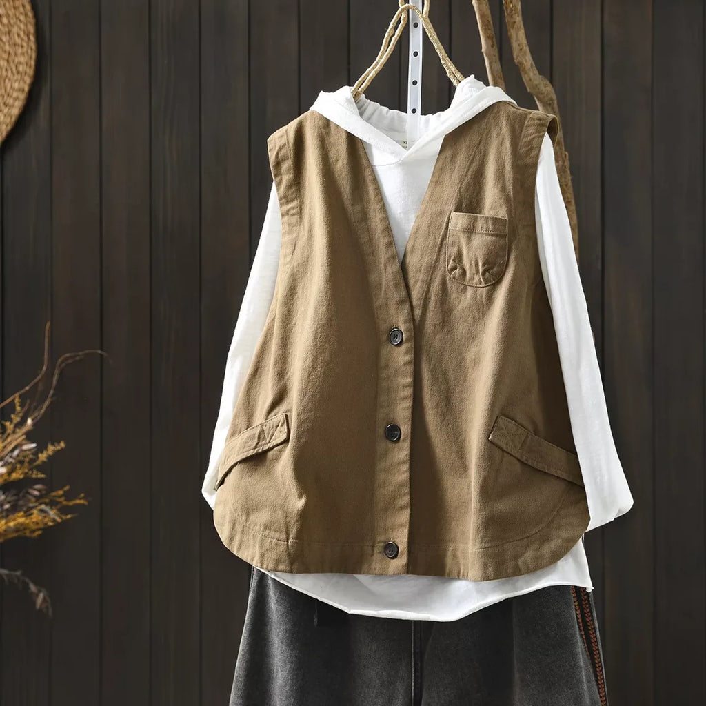 Retro Cotton V-Neck Button Front Sleeveless Vest
