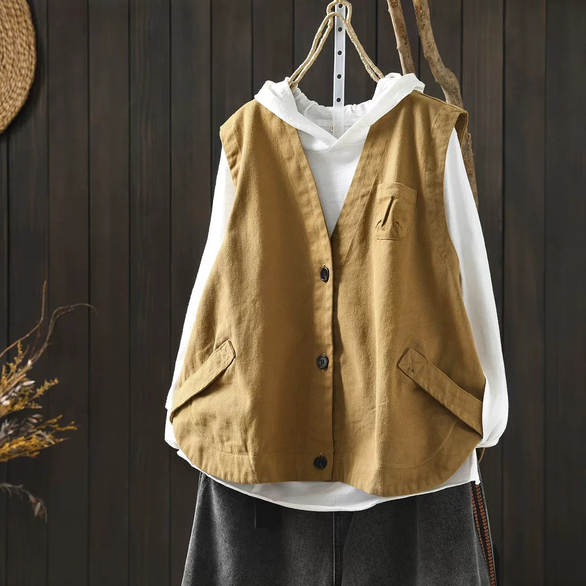 Retro Cotton V-Neck Button Front Sleeveless Vest