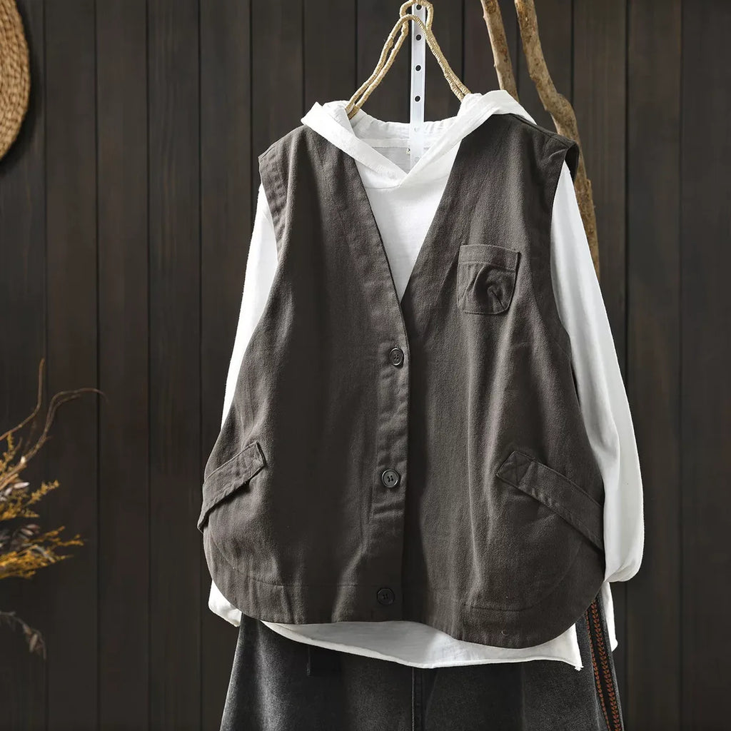 Retro Cotton V-Neck Button Front Sleeveless Vest