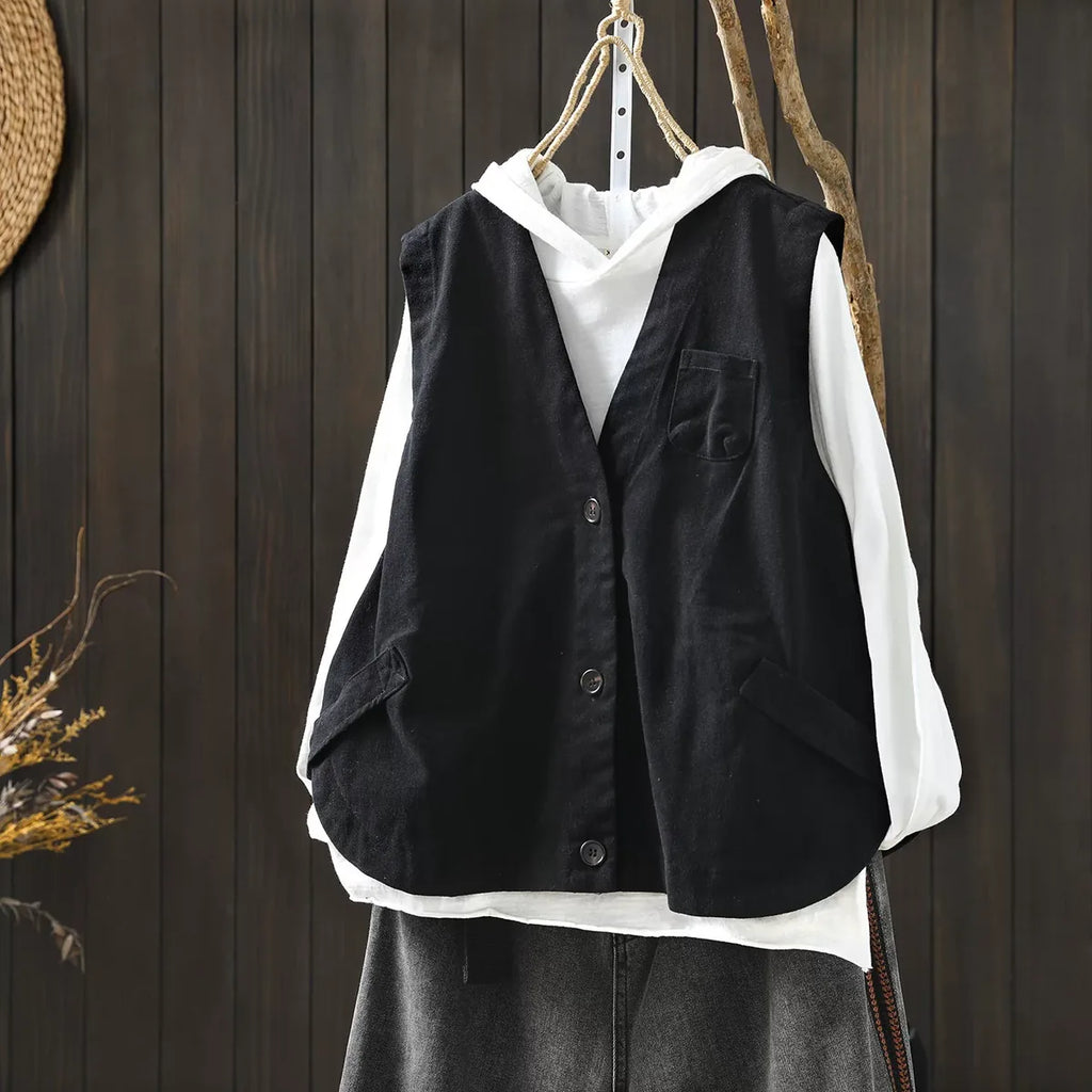 Retro Cotton V-Neck Button Front Sleeveless Vest
