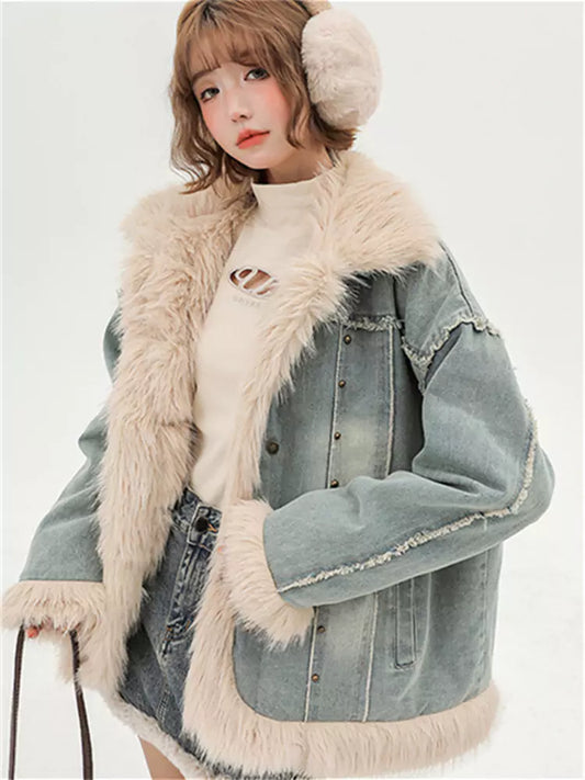 American Retro Denim Cotton Padding Jacket with Faux Fur Collar