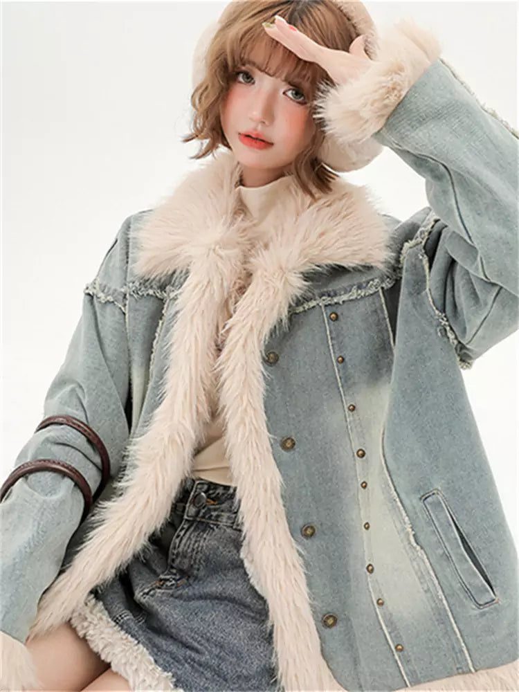 American Retro Denim Cotton Padding Jacket with Faux Fur Collar