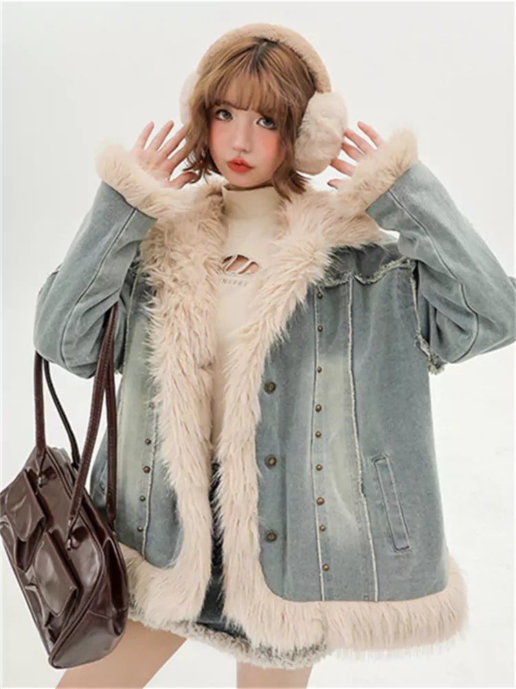 American Retro Denim Cotton Padding Jacket with Faux Fur Collar