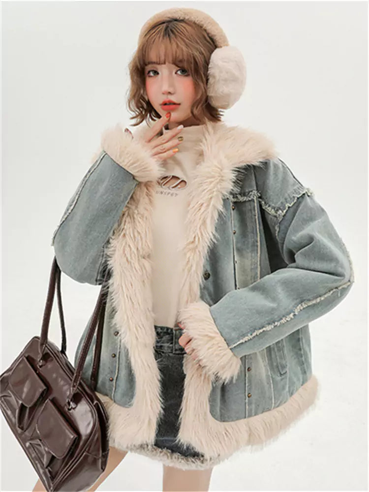 American Retro Denim Cotton Padding Jacket with Faux Fur Collar