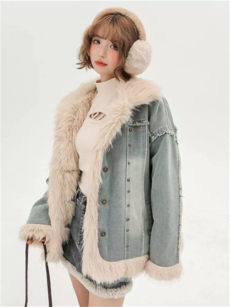 American Retro Denim Cotton Padding Jacket with Faux Fur Collar