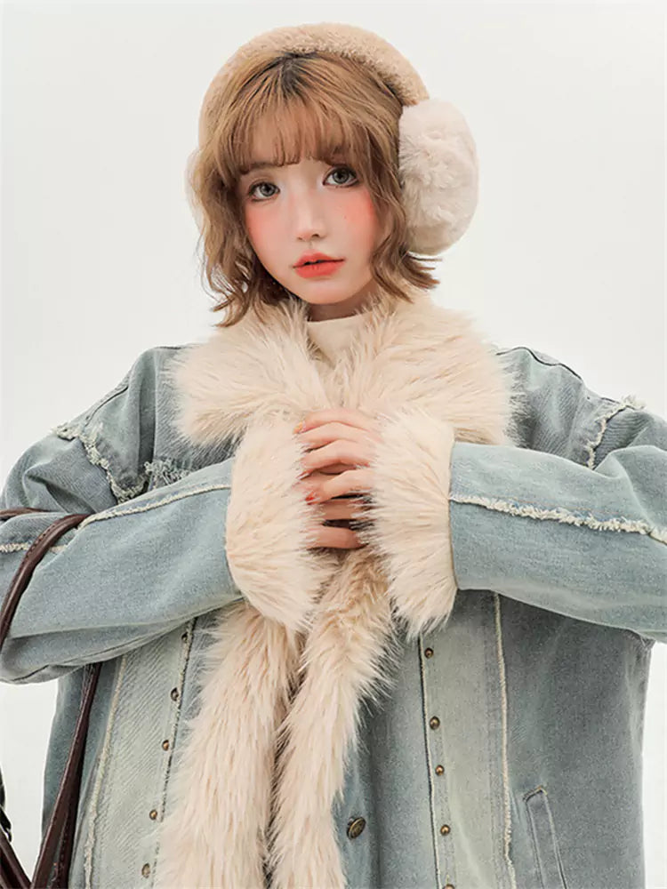 American Retro Denim Cotton Padding Jacket with Faux Fur Collar