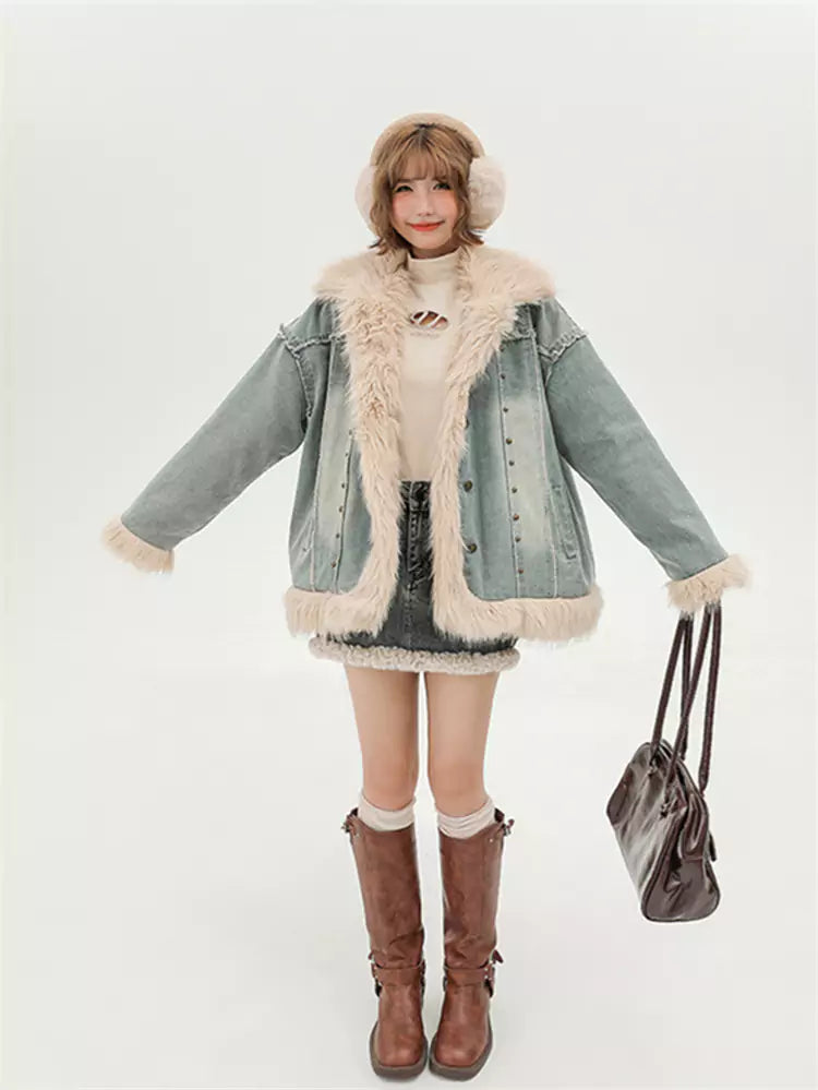 American Retro Denim Cotton Padding Jacket with Faux Fur Collar