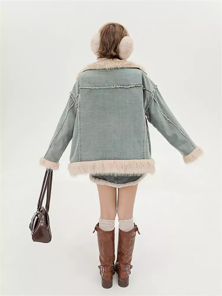 American Retro Denim Cotton Padding Jacket with Faux Fur Collar