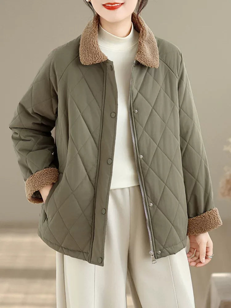 Retro Diamond Quilted Faux Shearling Collar Padded Jacket