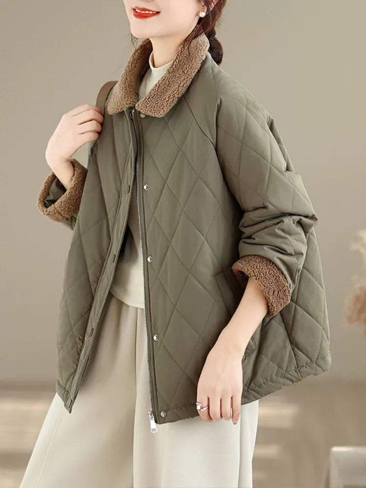 Retro Diamond Quilted Faux Shearling Collar Padded Jacket