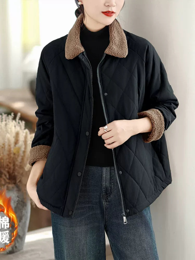 Retro Diamond Quilted Faux Shearling Collar Padded Jacket