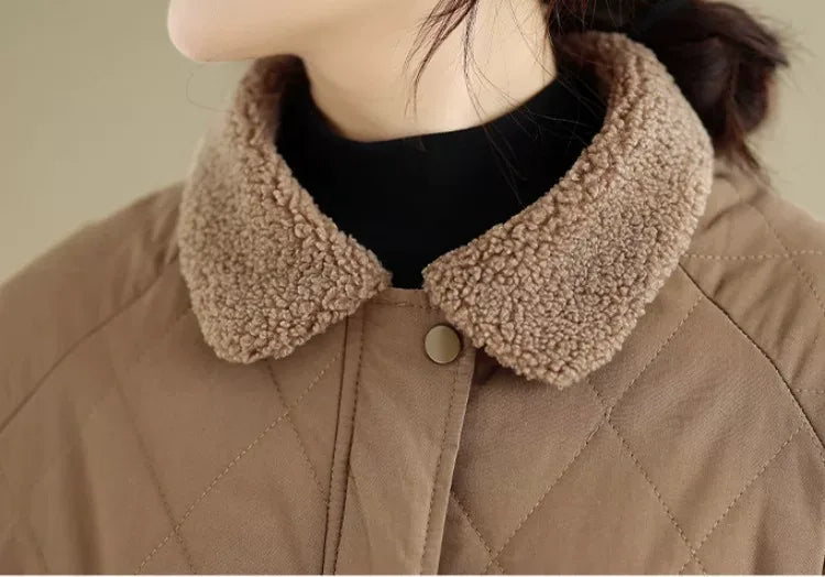 Retro Diamond Quilted Faux Shearling Collar Padded Jacket