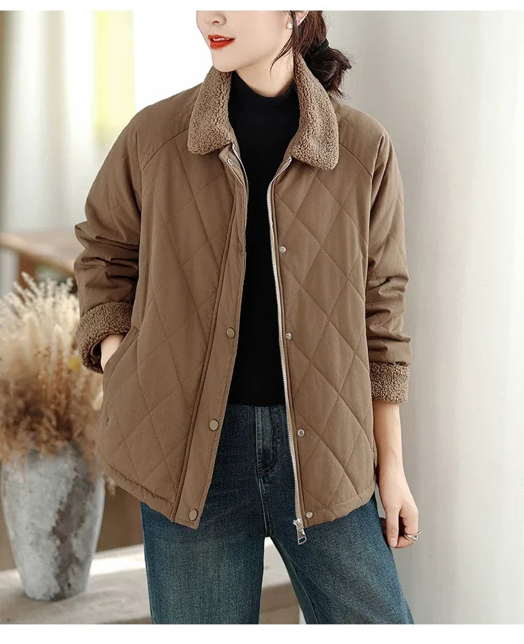 Retro Diamond Quilted Faux Shearling Collar Padded Jacket