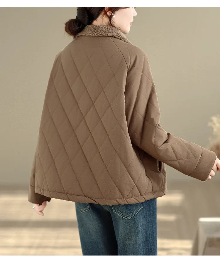 Retro Diamond Quilted Faux Shearling Collar Padded Jacket