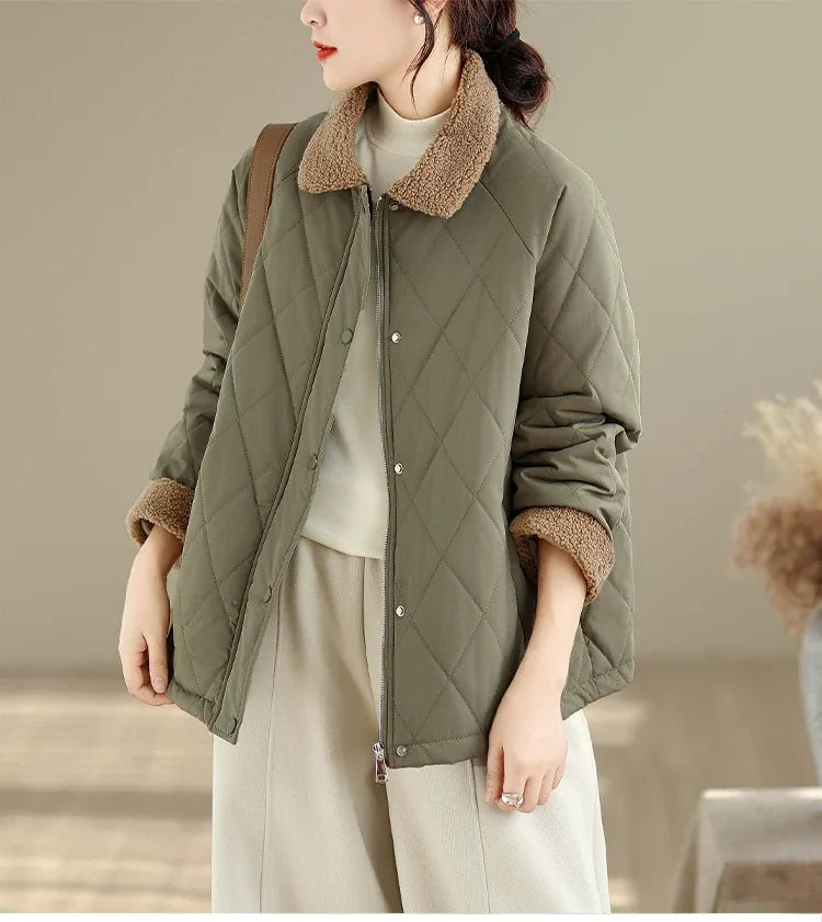 Retro Diamond Quilted Faux Shearling Collar Padded Jacket