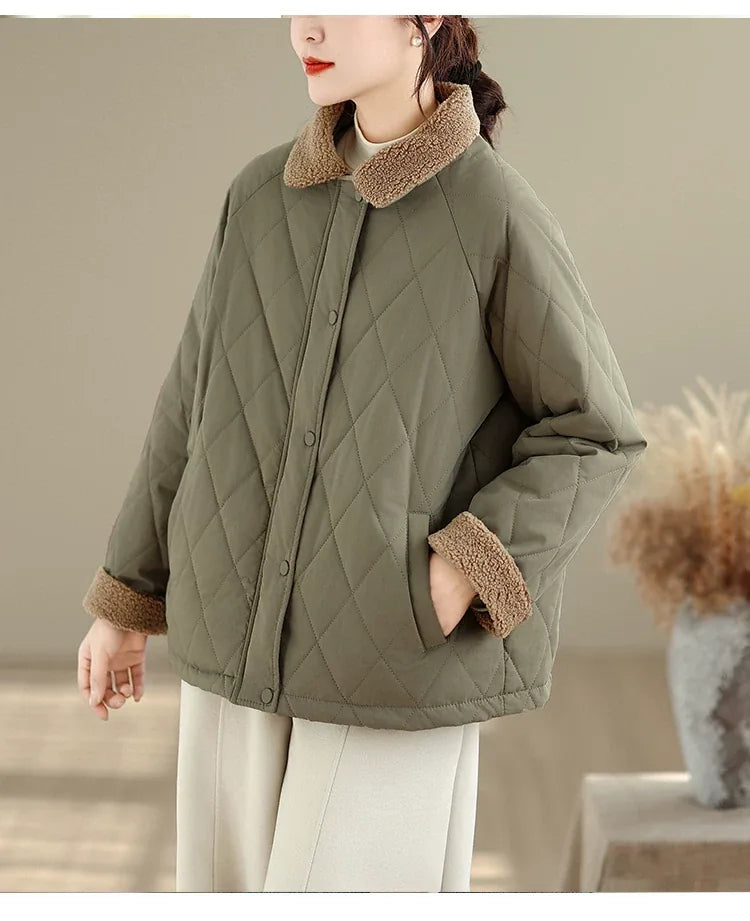 Retro Diamond Quilted Faux Shearling Collar Padded Jacket