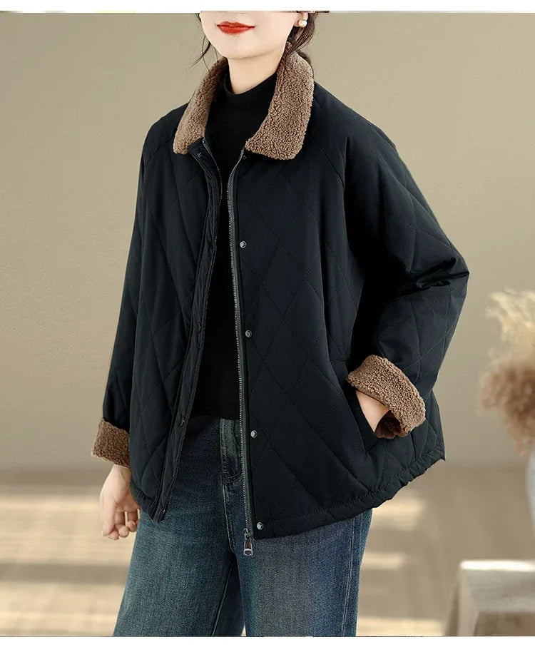 Retro Diamond Quilted Faux Shearling Collar Padded Jacket