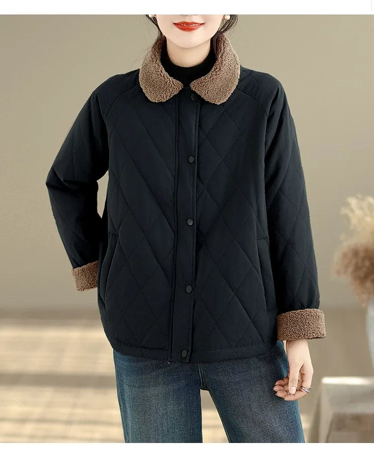 Retro Diamond Quilted Faux Shearling Collar Padded Jacket