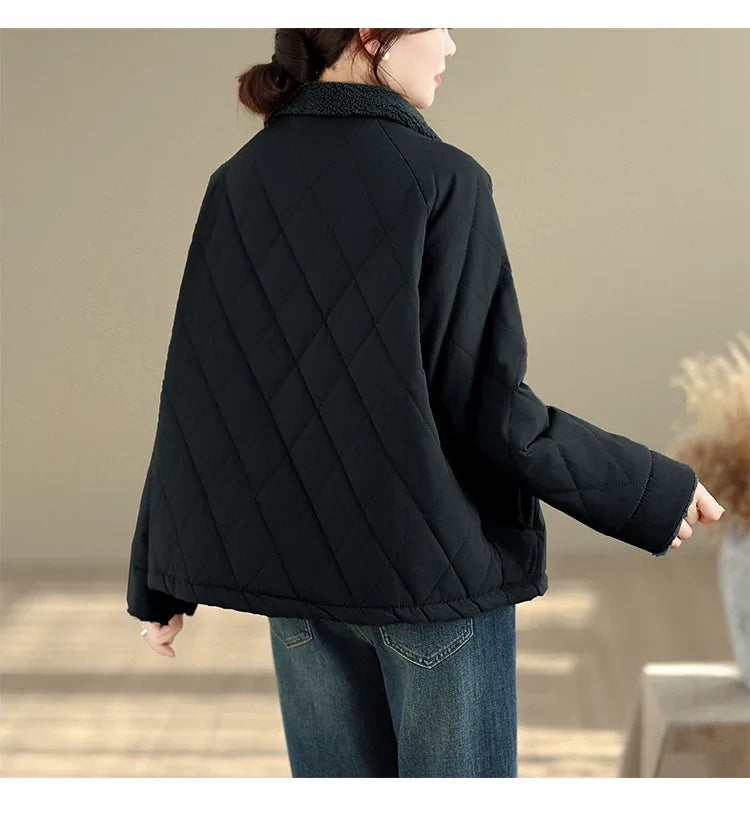 Retro Diamond Quilted Faux Shearling Collar Padded Jacket
