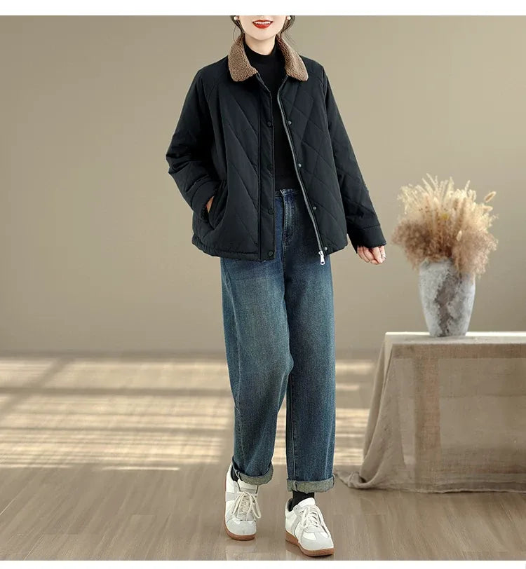 Retro Diamond Quilted Faux Shearling Collar Padded Jacket
