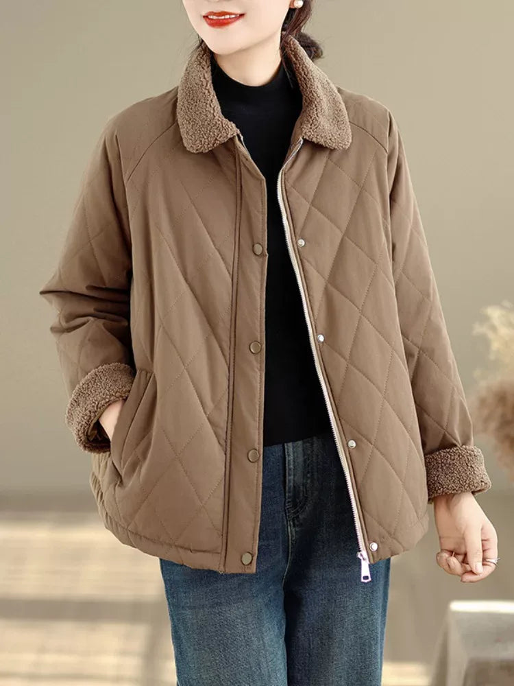 Retro Diamond Quilted Faux Shearling Collar Padded Jacket