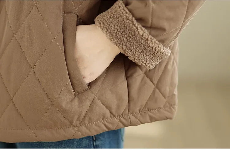 Retro Diamond Quilted Faux Shearling Collar Padded Jacket