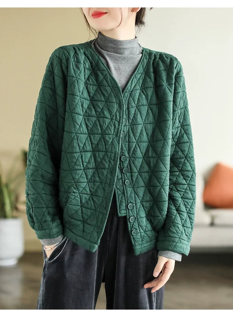 Retro Diamond Quilted V-Neck Padded Jacket