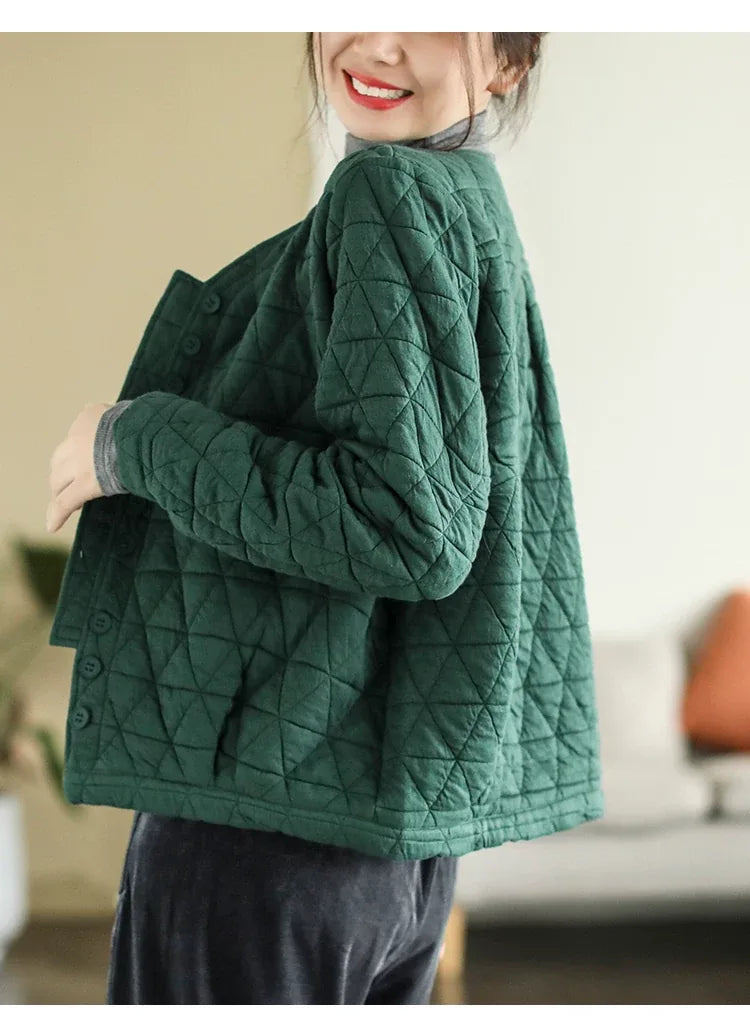 Retro Diamond Quilted V-Neck Padded Jacket