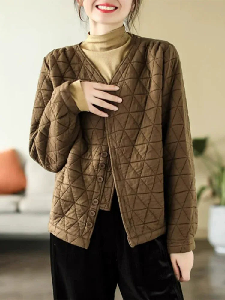 Retro Diamond Quilted V-Neck Padded Jacket