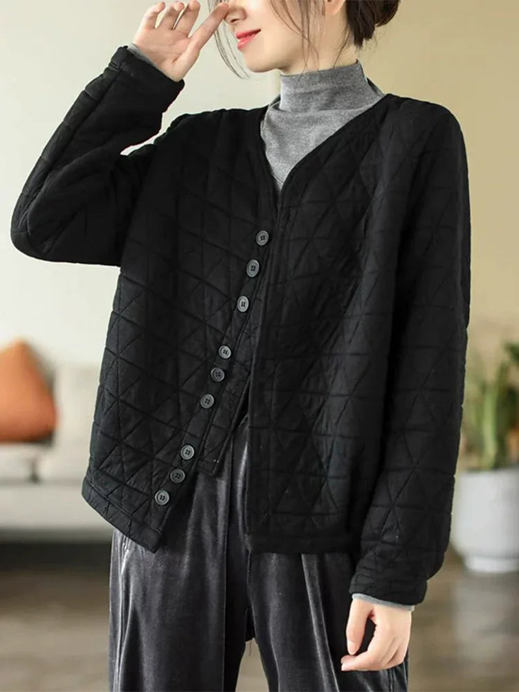 Retro Diamond Quilted V-Neck Padded Jacket