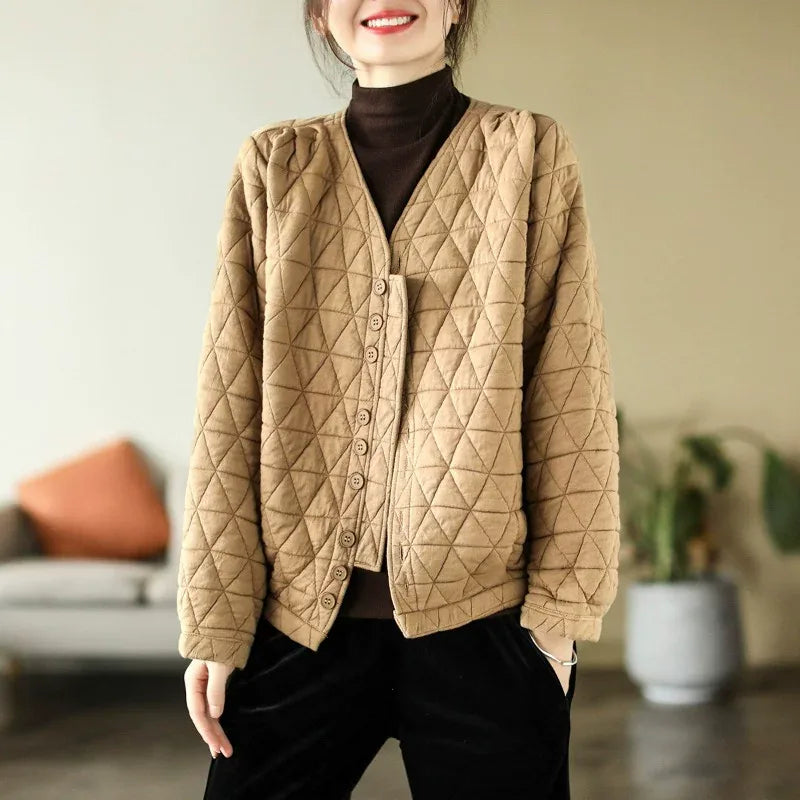 Retro Diamond Quilted V-Neck Padded Jacket