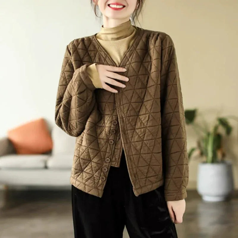 Retro Diamond Quilted V-Neck Padded Jacket