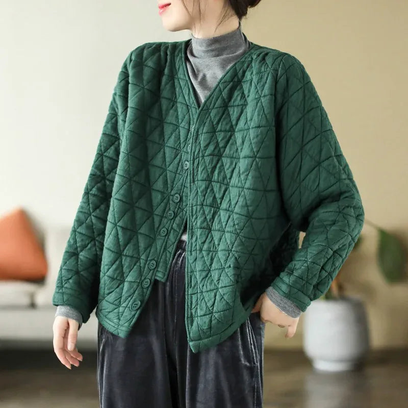 Retro Diamond Quilted V-Neck Padded Jacket