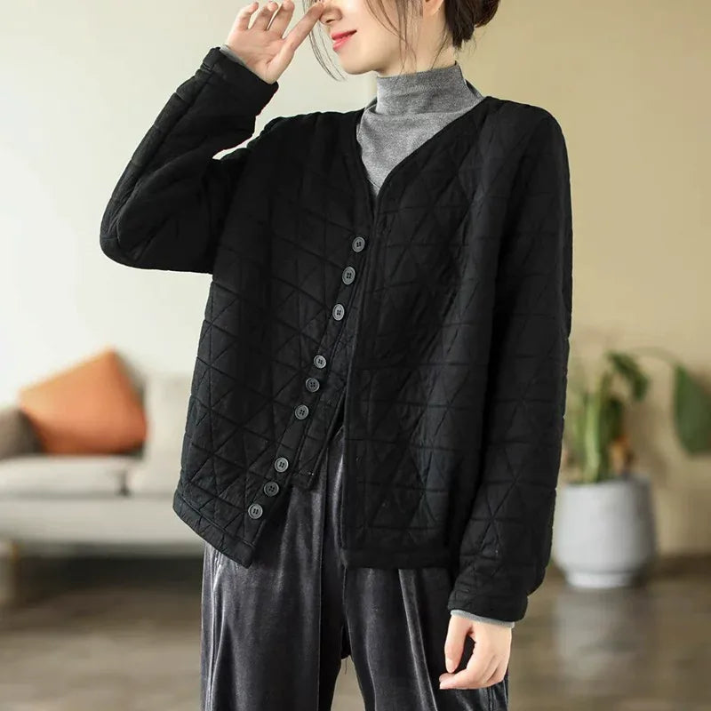 Retro Diamond Quilted V-Neck Padded Jacket