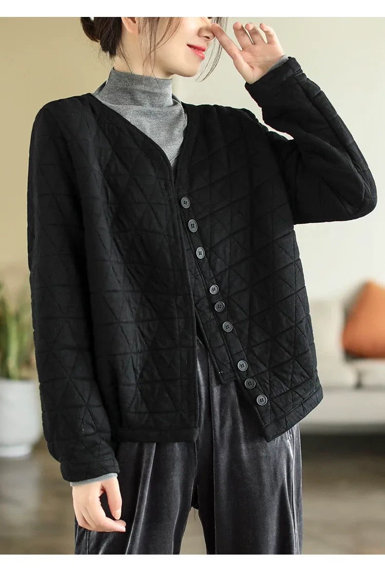 Retro Diamond Quilted V-Neck Padded Jacket
