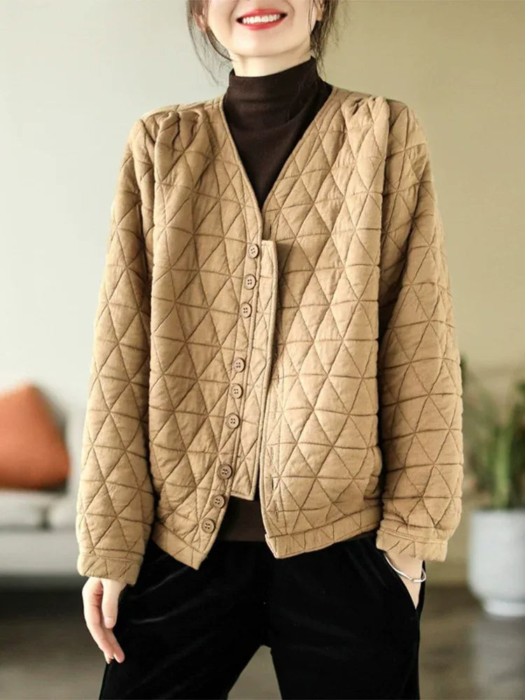 Retro Diamond Quilted V-Neck Padded Jacket
