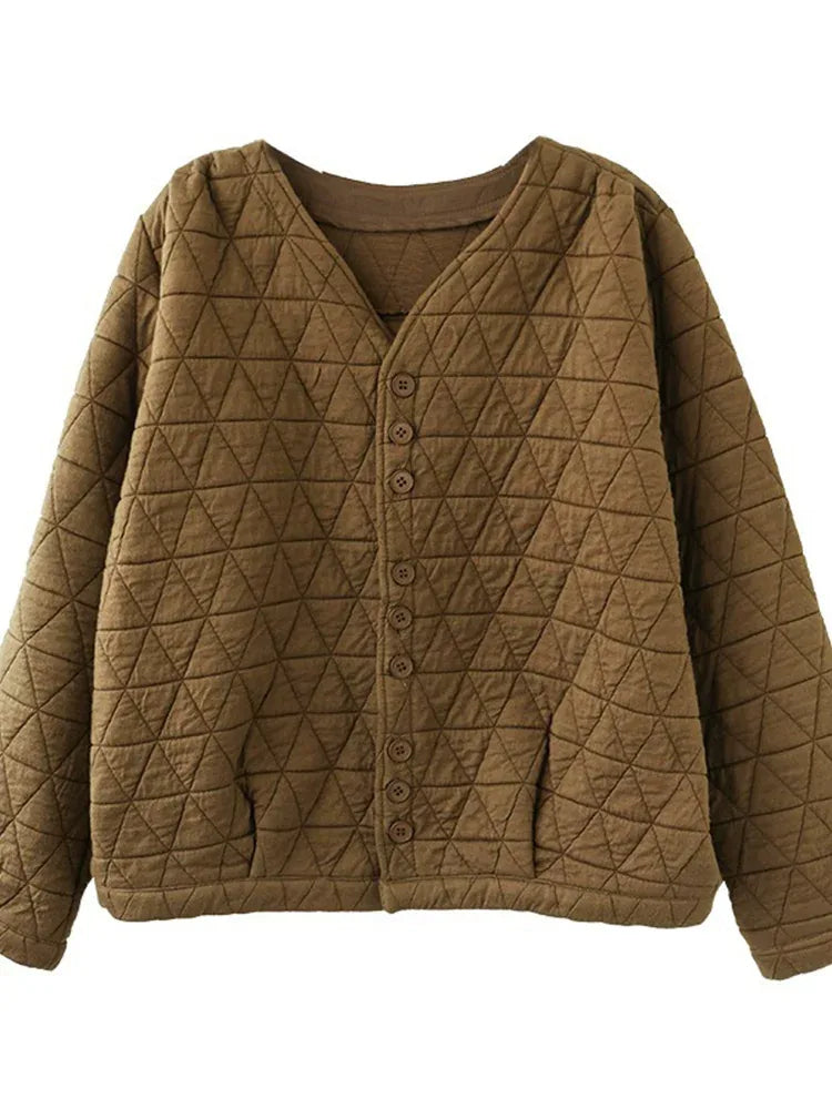 Retro Diamond Quilted V-Neck Padded Jacket